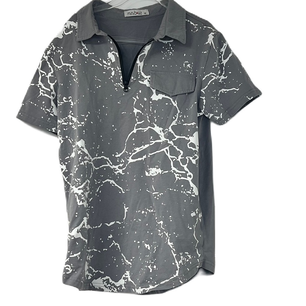 Mini Boyz Boy's gray and white paint splash half zip polo shirt size 12